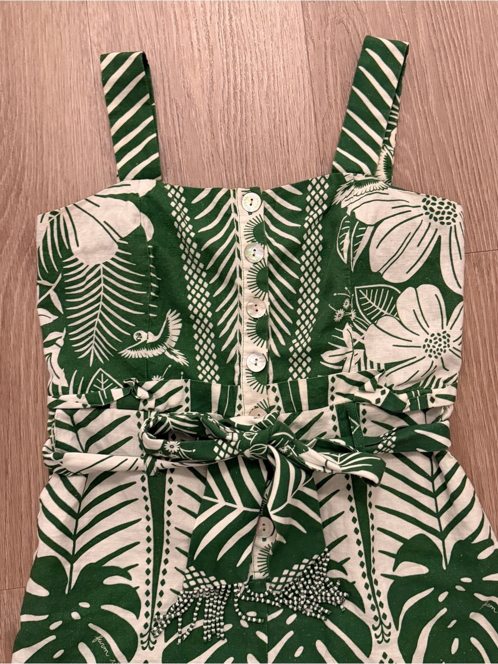 Farm Rio Green & White Tropical Print Romper with Beaded Belt and Pockets - Picture 4 of 17